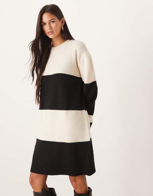 VILA - Gebreide mini-jurk met kleurvlakken in zwart en crème    , 2 van 4