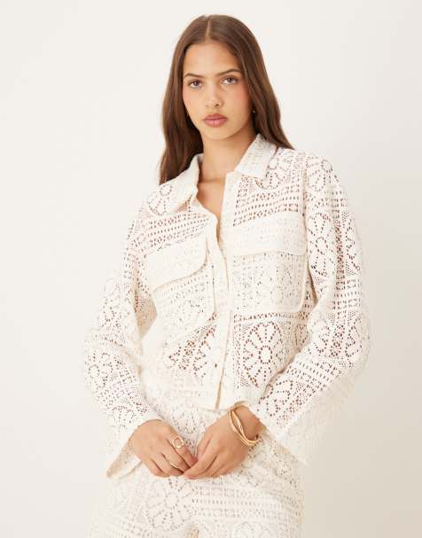 Vila - Gehaakt cropped utility overhemd in birch crème, deel van co-ord set - view 1