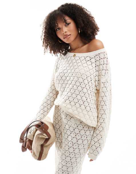 Vila – Gehäkelter Pullover in Creme mit U-Boot-Ausschnitt, Kombiteil - view 1