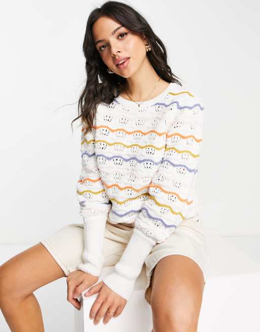 Vila – Gehäkelter Strickpullover mit Verschnörkelung in Creme