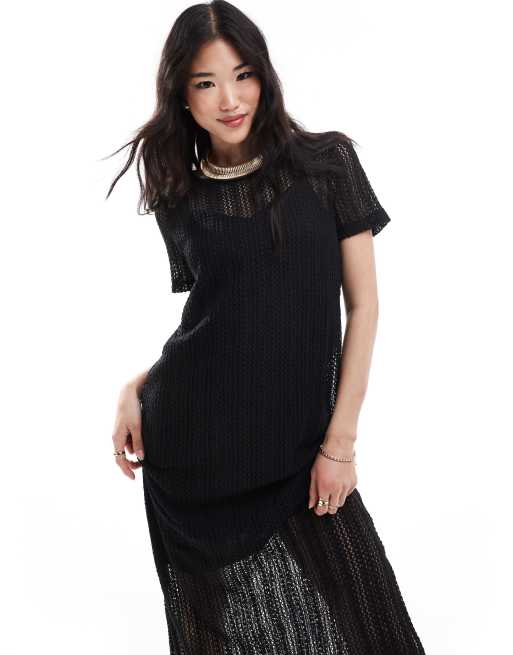 Vila – Gehäkeltes T-Shirt-Maxikleid in Schwarz