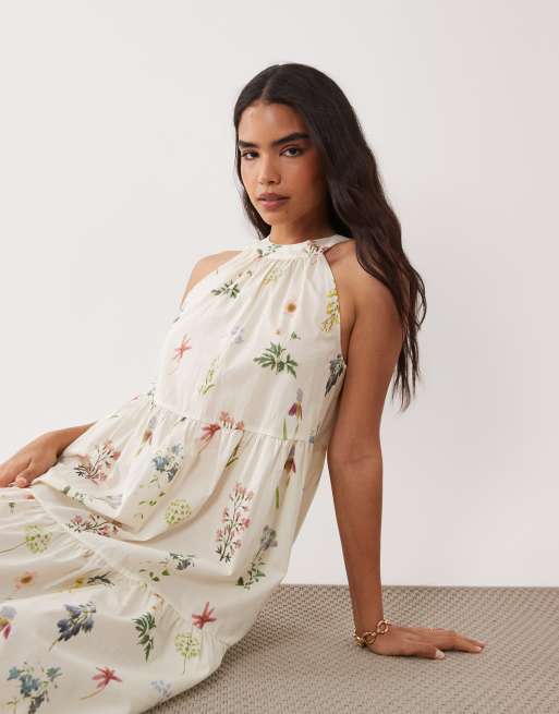VILA - Gelaagde maxi jurk met halternek in crème met bloemenprint, 2 van 4
