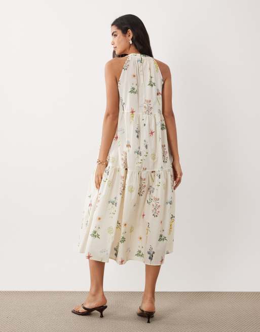 VILA - Gelaagde maxi jurk met halternek in crème met bloemenprint, 3 van 4