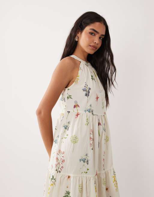 VILA - Gelaagde maxi jurk met halternek in crème met bloemenprint, 4 van 4