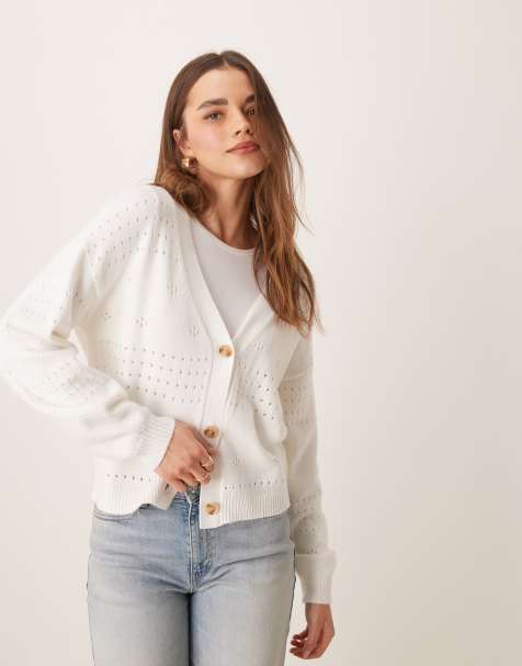 VILA – Gemusterte Strickjacke in Weiß mit Blouson-Ärmeln - view 1