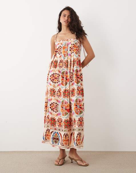 VILA - Geplooide maxi cami-jurk met kralenbandjes en print in rood - view 1