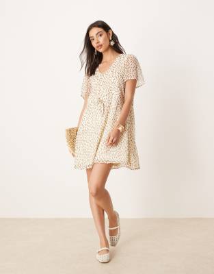 VILA - Gepunktetes Minikleid in Creme mit Taillenschnürung-Bunt
