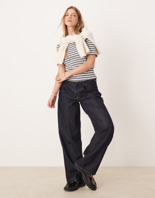 VILA - Geribbeld T-shirt met korte mouwen in marineblauw en witte streep, 2 van 4