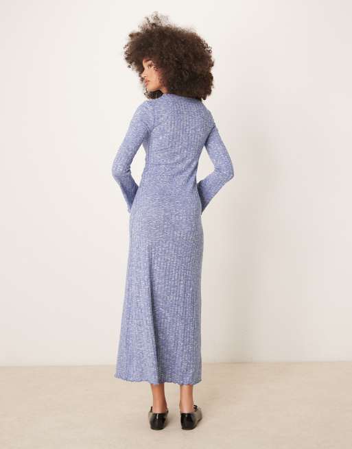 VILA - Geribbelde maxi-jurk met lange mouwen in gemêleerd blauw, 3 van 4