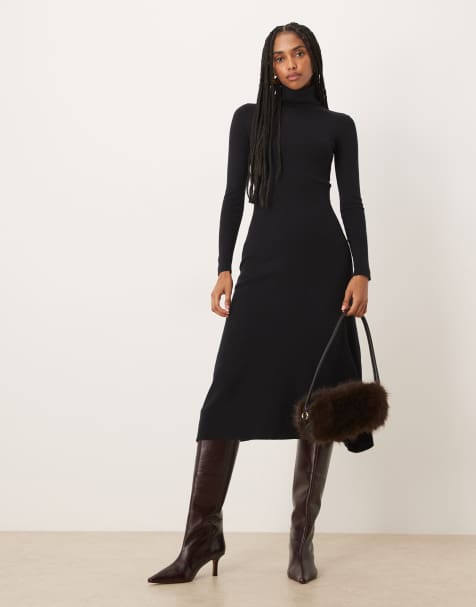 VILA – Geripptes Maxi-Strickkleid in Schwarz mit Rollkragen - view 1