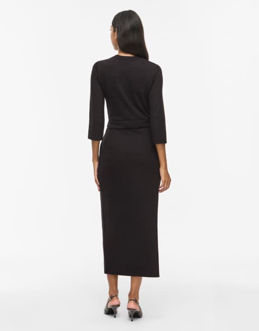 Vila geripptes Midikleid mit Rundhalsausschnitt, 3/4-Ärmeln und Wickeloptik in Schwarz, 2 von 7