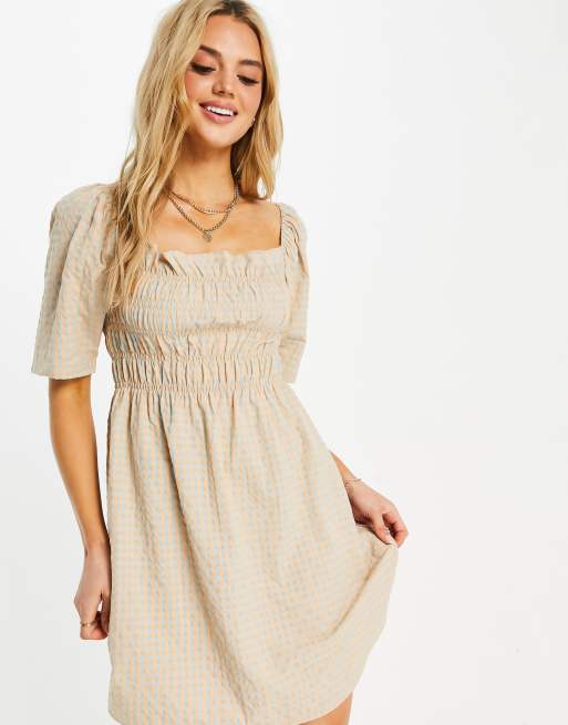 Vila - Gesmokte mini-jurk met vierkante hals en gingham ruit