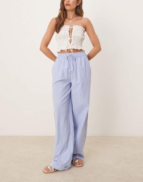 VILA - Gestreepte dad broek met hoge taille, wijde pijpen en boorden met omslag in blauw - view 1