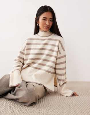 VILA - Gestreifter Pullover in Cremeweiß und Beige mit hohem Kragen
