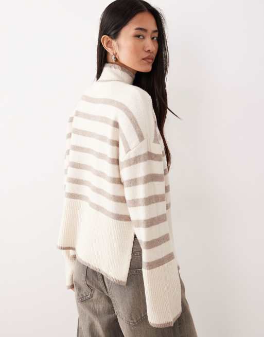 VILA – Gestreifter Pullover in Cremeweiß und Beige mit hohem Kragen, 3 von 4