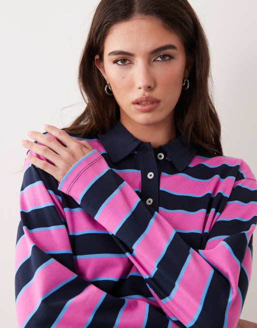 Vila – Gestreiftes Rugby-Polohemd in Rosa und Marineblau mit Oversize-Schnitt , 3 von 4