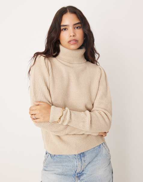 Vila – Gestrickter Rollkragenpullover in Beige - view 1