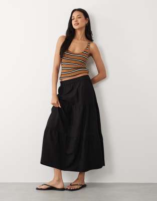 Gestufter Boho-Maxirock aus Leinenmix in Schwarz Schwarz 38
