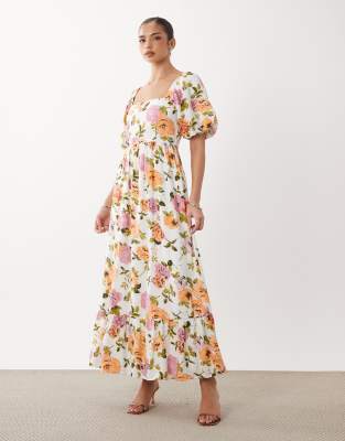 Gestuftes Maxikleid in Weiß mit voluminösen Ärmeln und Blumenmuster-Mehrfarbig Mehrfarbig 38