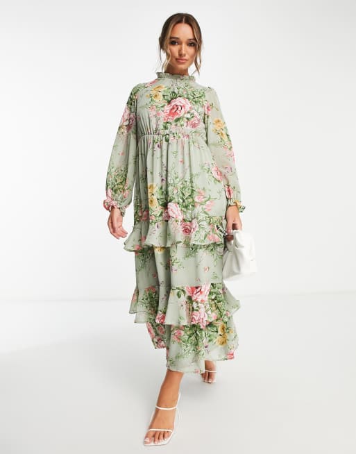 Vila – Gestuftes Maxikleid mit hohem Halsausschnitt und Gartenblumenmuster