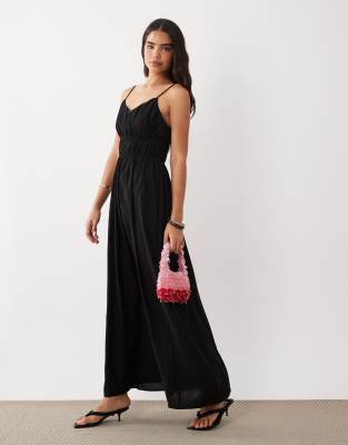 Gewebtes Camisole-Maxikleid in Schwarz mit Raffung Schwarz 38
