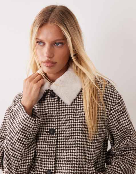 Vila giacca corta a spina di pesce con bottoni e colletto in pelliccia marrone - view 1