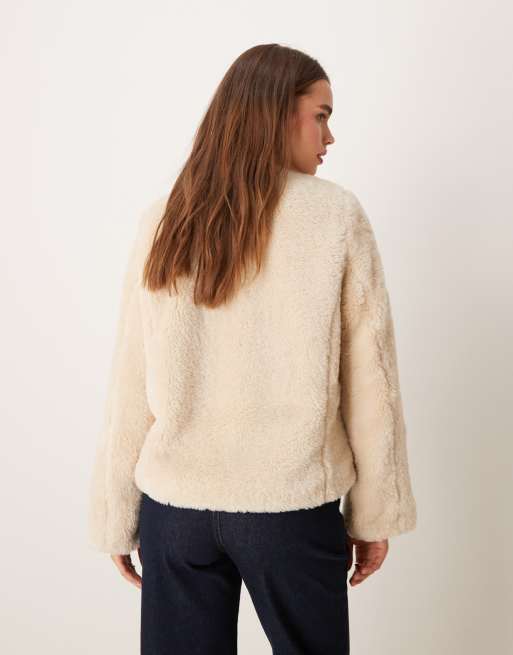 VILA - Giacca in pile effetto peluche color crema con fibbie, 3 di 4