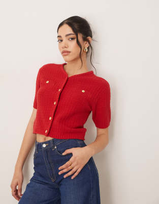 VILA - Gilet à manches courtes en maille bouclée - Rouge