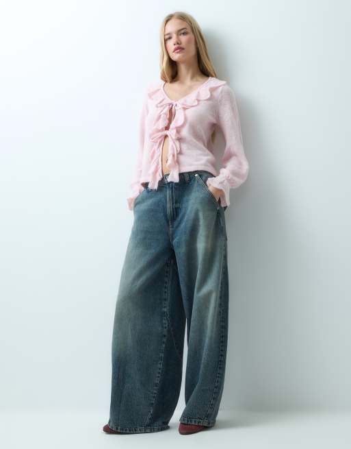 Vila gilet en maille à volants et lien sur le devant, rose ballerine, 3 de 4