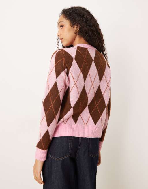 VILA - Gilet en maille motif losanges - Fleur de cerisier et marron, 4 de 4
