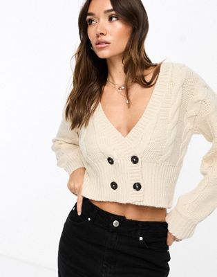Vila double breasted cable knit cardigan in cream - ASOS Price Checker