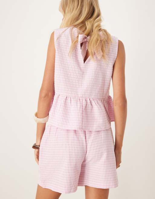 Vila gingham shorts co-ord in pink and white, 3 of 5