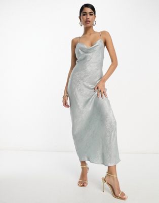 Vila Glam Lace Up Back Cami Maxi Dress In Shimmer Silver-green