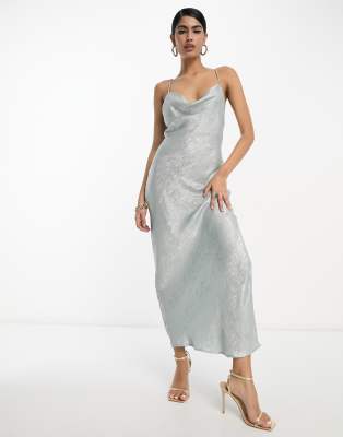 Vila Glam Lace Up Back Cami Maxi Dress In Shimmer Silver-green