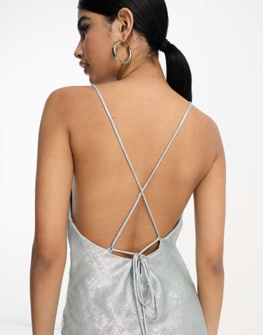 Vila glam lace up back cami maxi dress in shimmer silver