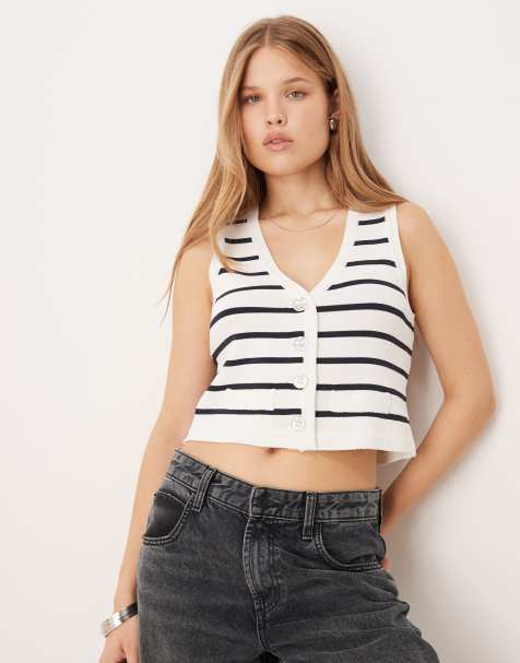 VILA gold button knitted singlet in navy and white - view 1