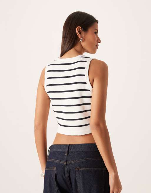 VILA gold button knitted singlet in navy and white, 3 of 4