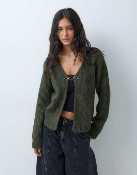 Vila gold fastening soft rib knitted jumper in dark green - view 1