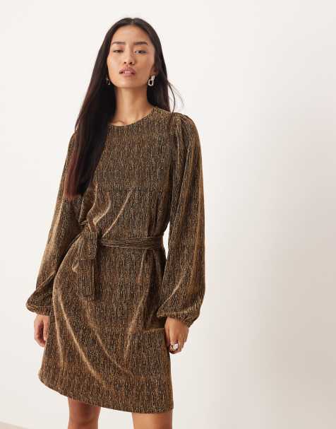 Vila gold foil tie waist mini dress in black - view 1