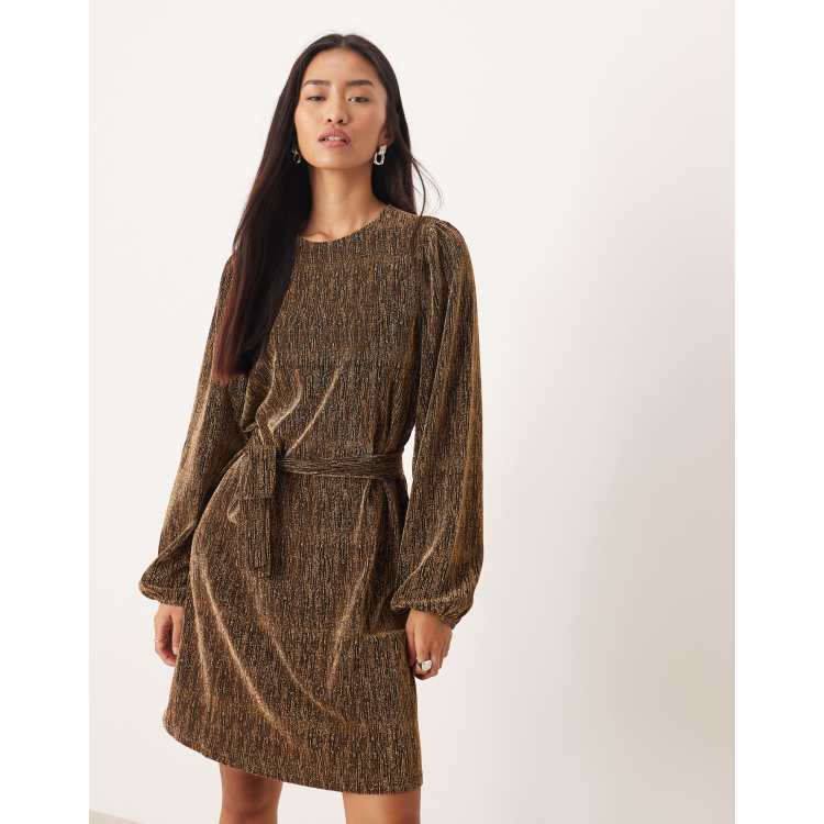 VILA gold foil tie waist mini Dress in Black