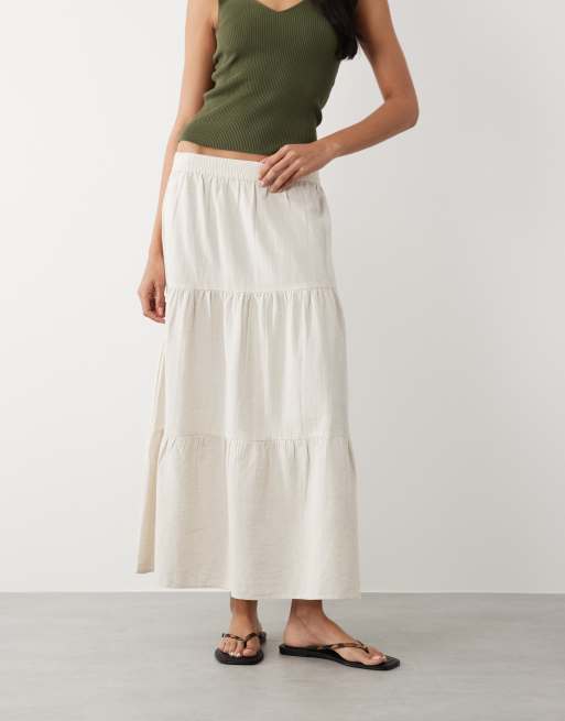VILA - Gonna lunga stile bohémien a balze in misto lino color crema, 3 di 5