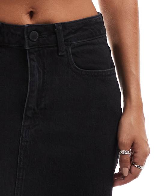 Vila - Gonna midi a vita alta in denim lavaggio nero con spacco anteriore, 5 di 5