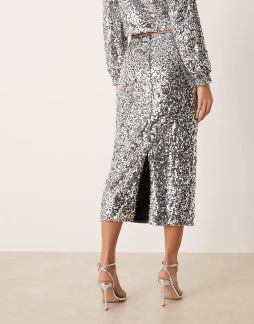 VILA - Gonna midi argento con paillettes in coordinato, 5 di 5