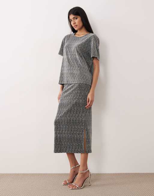 VILA - Gonna midi color argento glitterata in coordinato