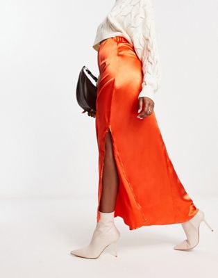 Vila satin midi skirt in orange - ASOS Price Checker