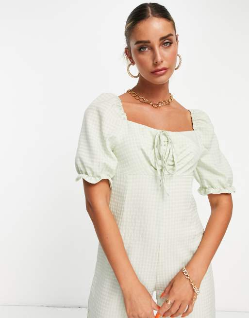Vila - Grøn tekstureret jumpsuit med bindebåndsdetalje og gingham-tern, 3 af 4