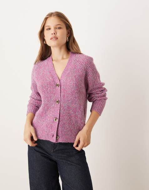 VILA – Grob gerippte Strickjacke in rosa meliert - view 1