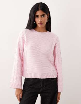 Vila - Grobmaschiger Zopfstrickpullover in Hellrosa-Rot