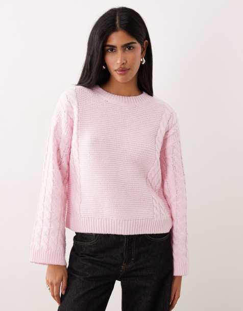 Vila – Grobmaschiger Zopfstrickpullover in Hellrosa - view 1