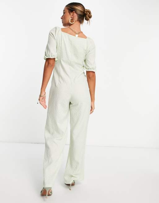 Vila – Grön, ginghamrutig, strukturerad jumpsuit med knytning, 2 av 4